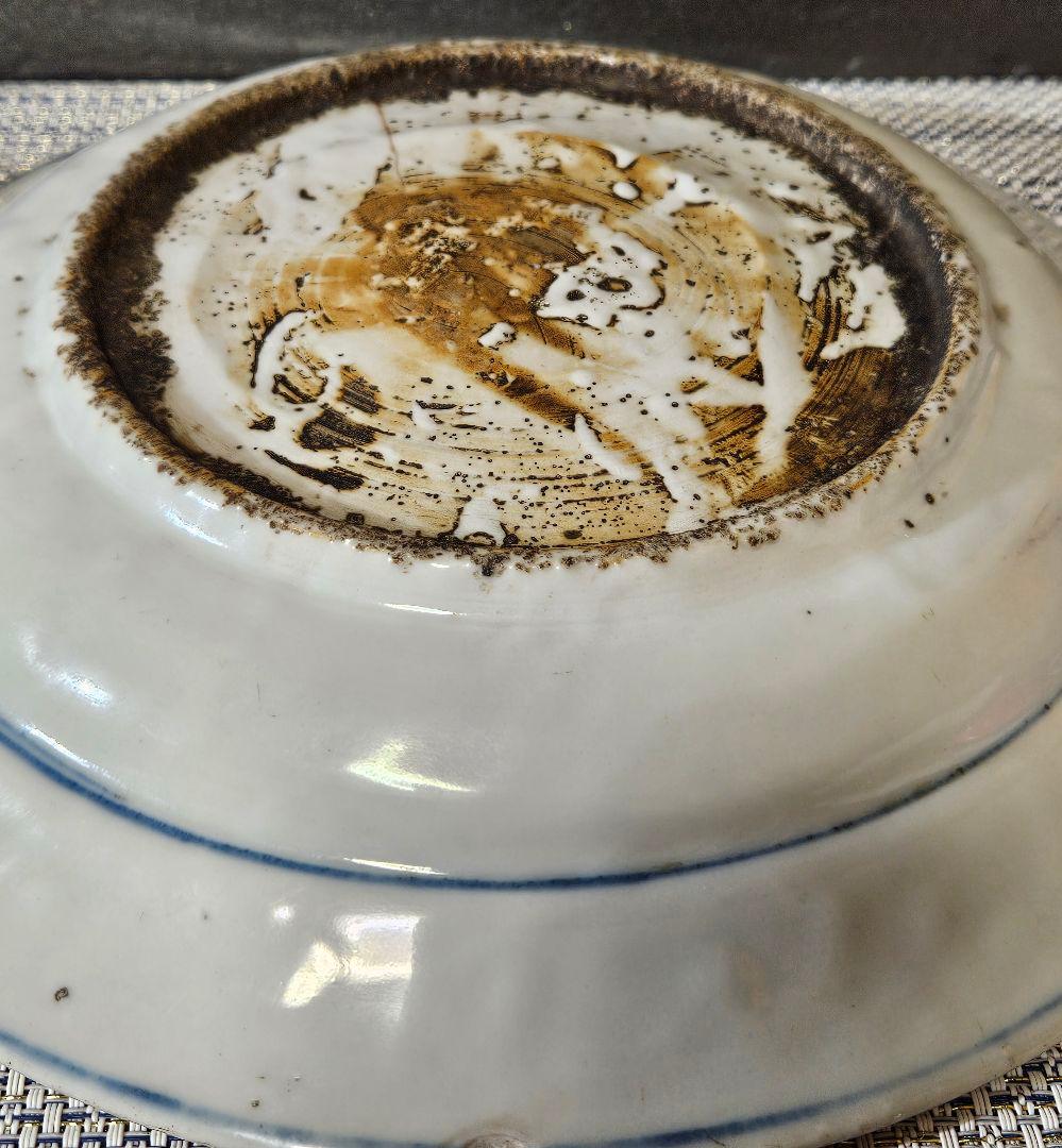 【本物保証❗️】中国古陶磁器　明朝末期　古染付　呉須皿　竹に牡丹に尾長鳥図　兜皿