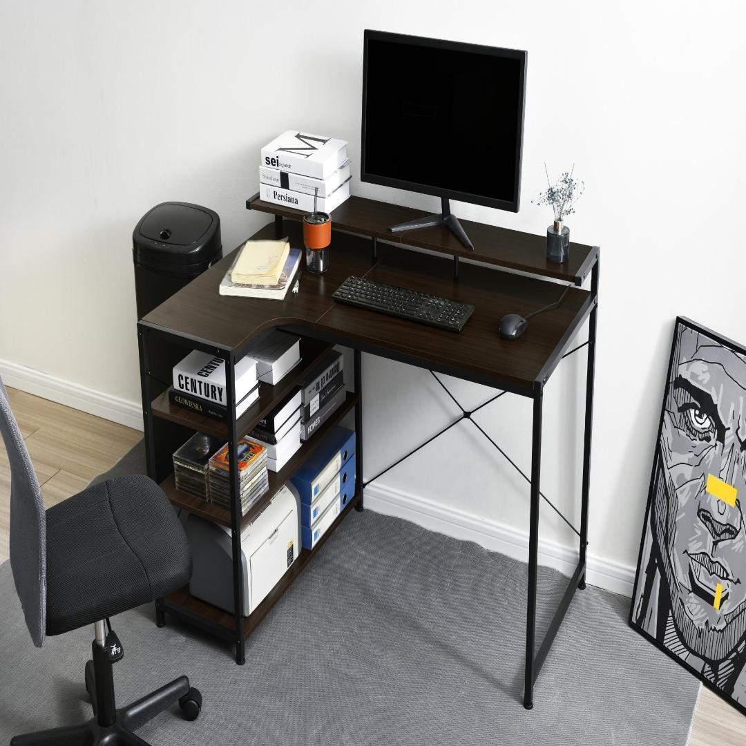 【ダークブラウ】パソコンデスク L字 120cm 3段ラック付 ハイデスク付き