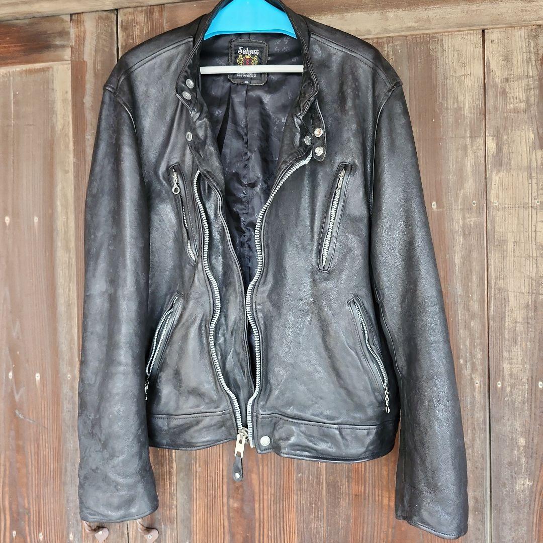 Schott ブラック レザー シングルライダース 2XL