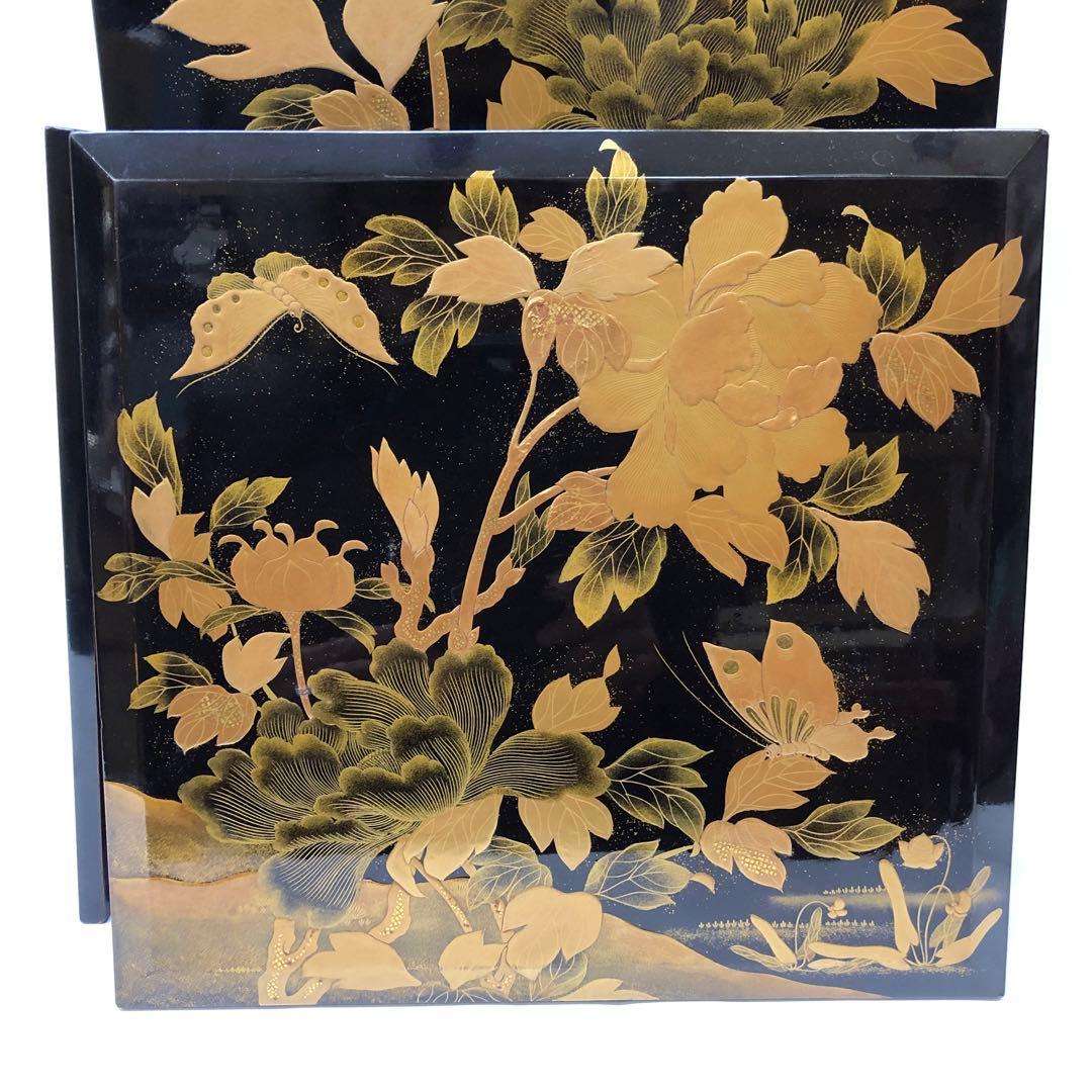 金蒔絵お重　漆器　木製　花鳥図柄　唐獅子図柄　五段重別蓋付き　共箱無