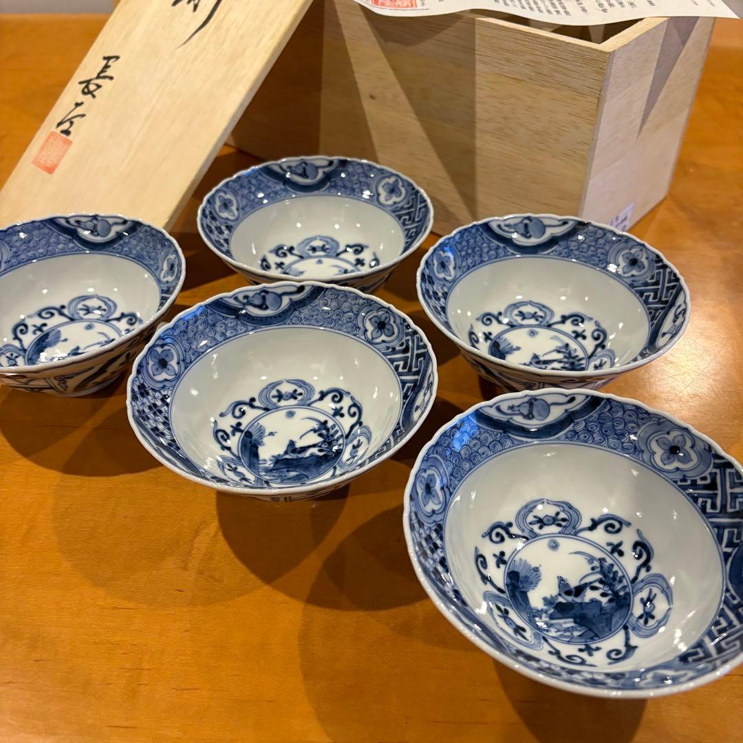 【宮内庁御用窯】4号小鉢揃 宝祥芙蓉手/山本長左 （木箱入り） 5皿セット