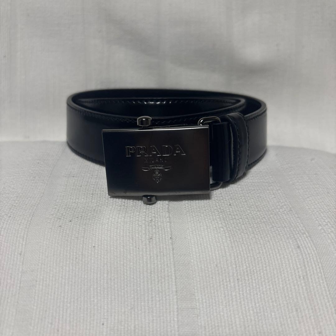 PRADA スクエアロゴ レザーベルト ブラック シルバー スライド式 中古