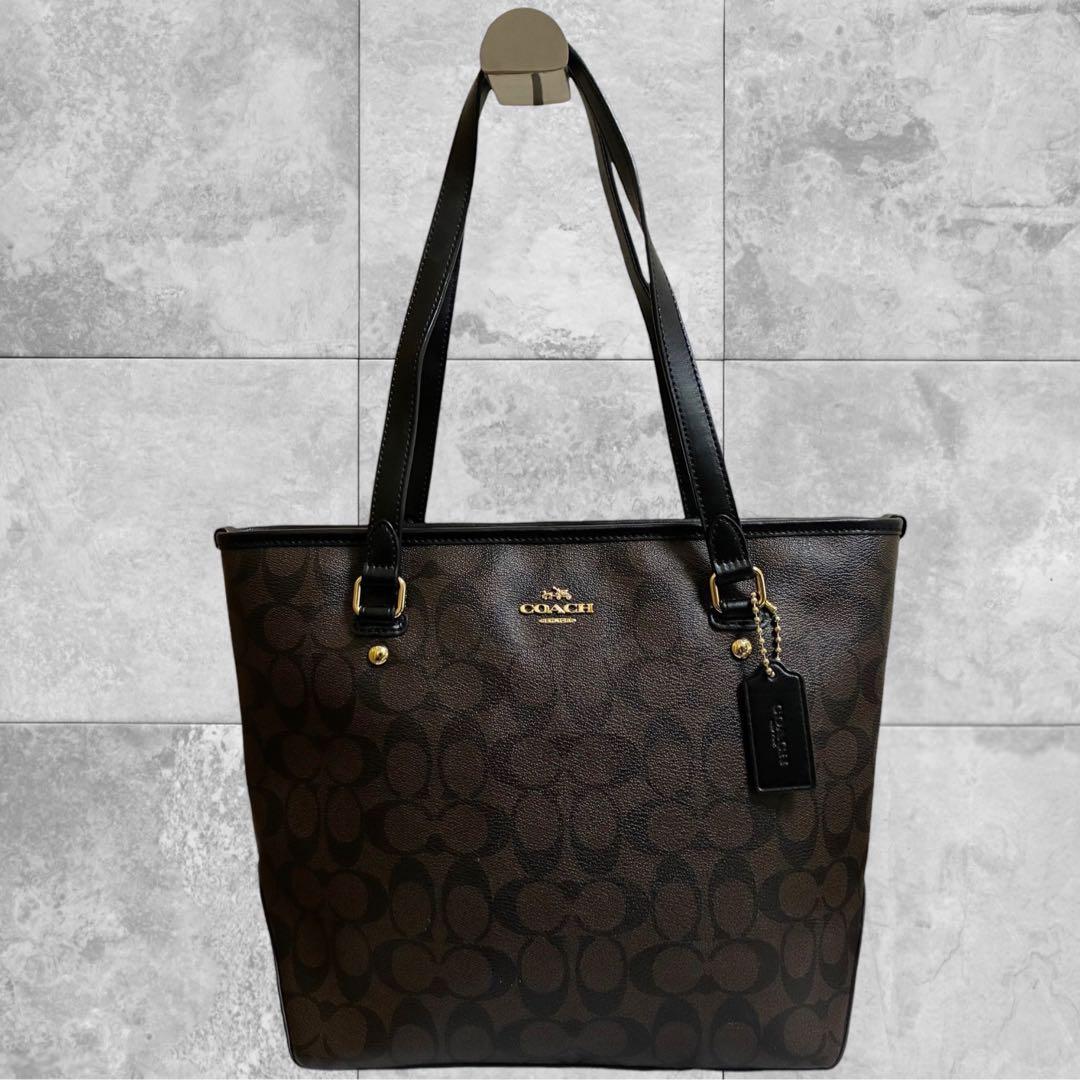 美品 COACH コーチ トートバッグ 肩掛け シグネチャー ビジネス 焦茶