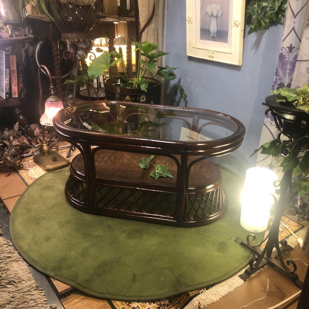 美品　ヴィンテージ ブラウン　籐ラタンフレーム センターテーブル　オーバル