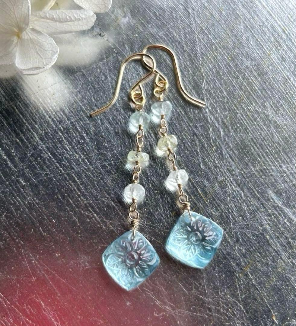 専用❣️宝石質ブルートパーズ　ルースカービング＆ベリルのピアス他　14kgf