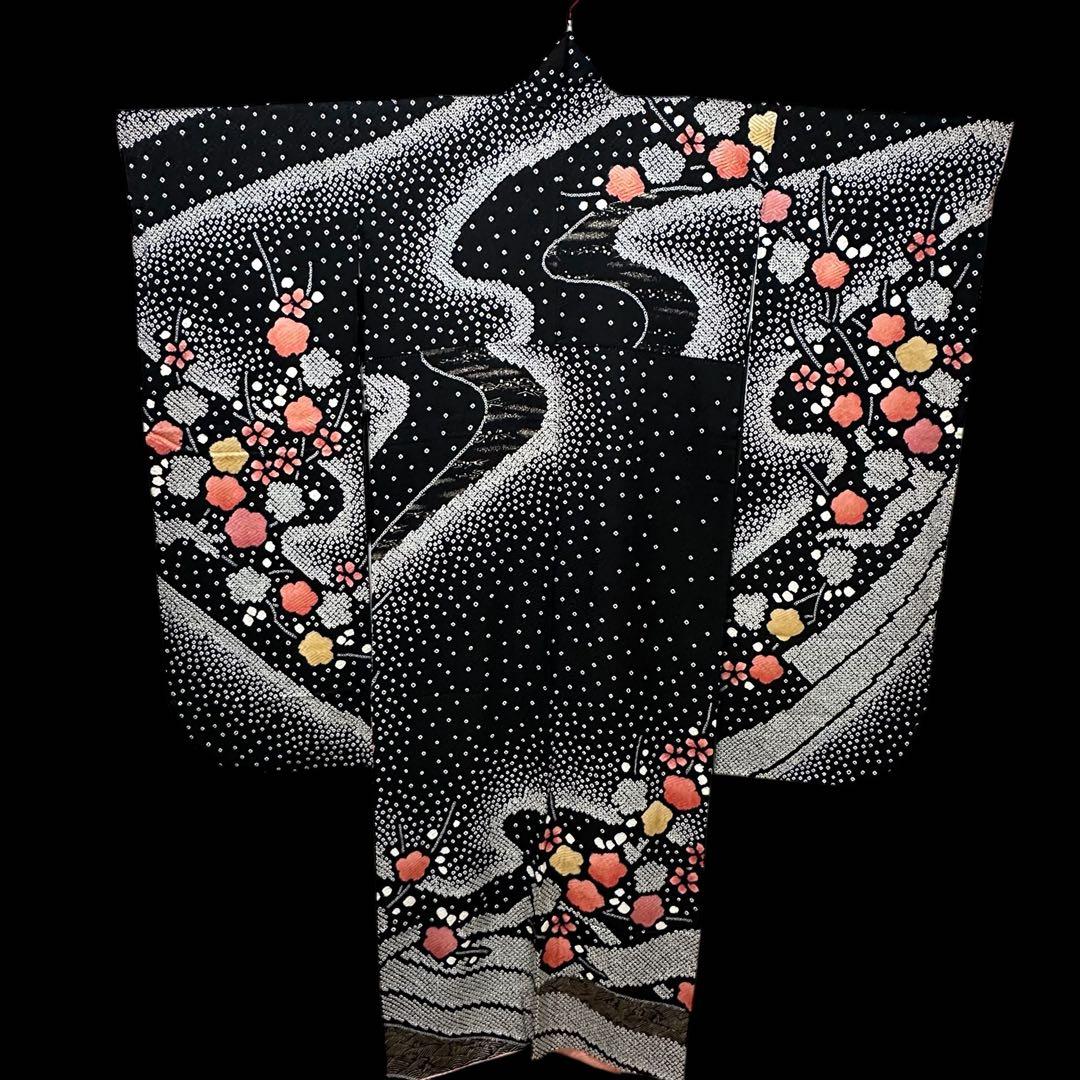 ★幻想的な黒色振袖セット6点‼️コントラストの美しい見事な絞り　正絹　やまと誂製