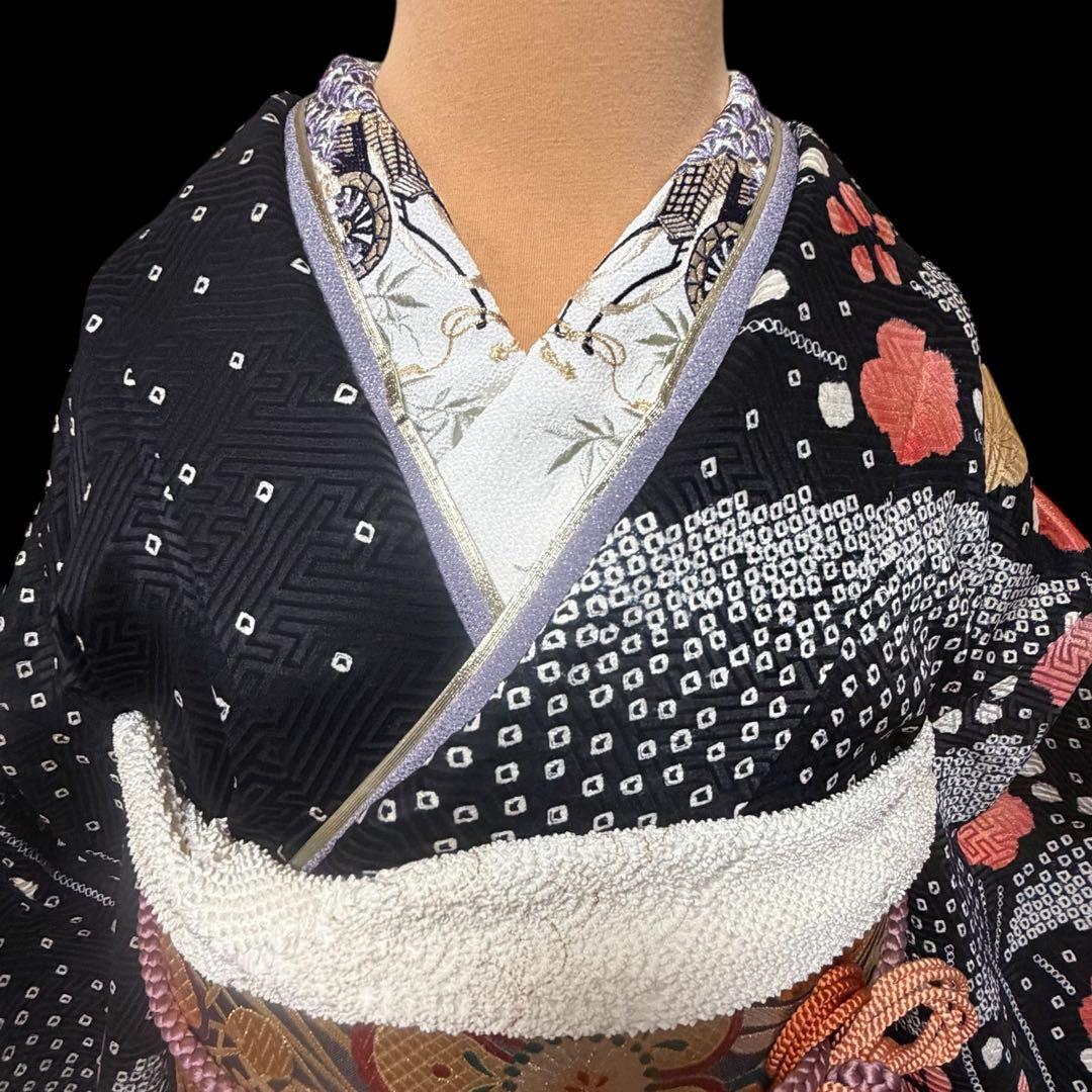 ★幻想的な黒色振袖セット6点‼️コントラストの美しい見事な絞り　正絹　やまと誂製