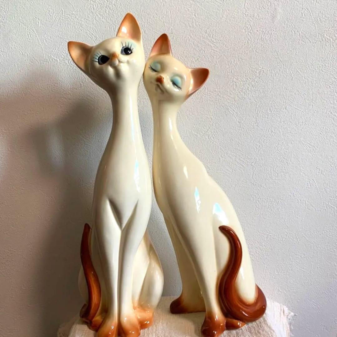 ネコの置物　ペア　陶器　レトロ　シャム猫　特大　猫　2体セット