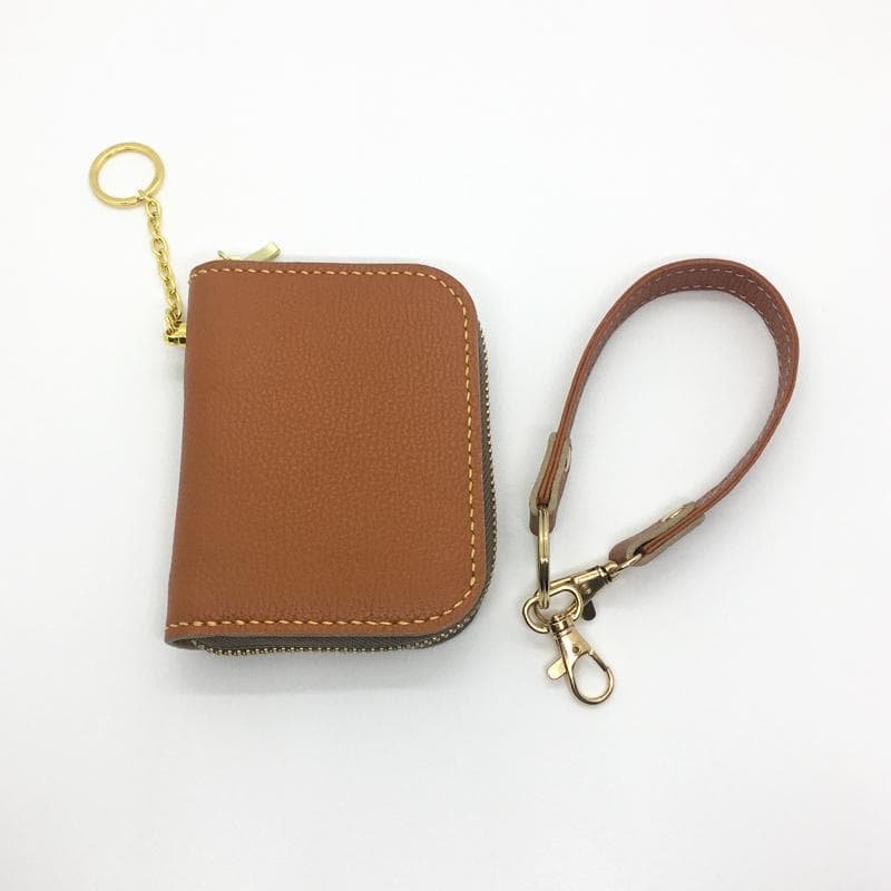 【本革】ミニウォレット ファスナー キャメル ストラップ付き ハンドメイド