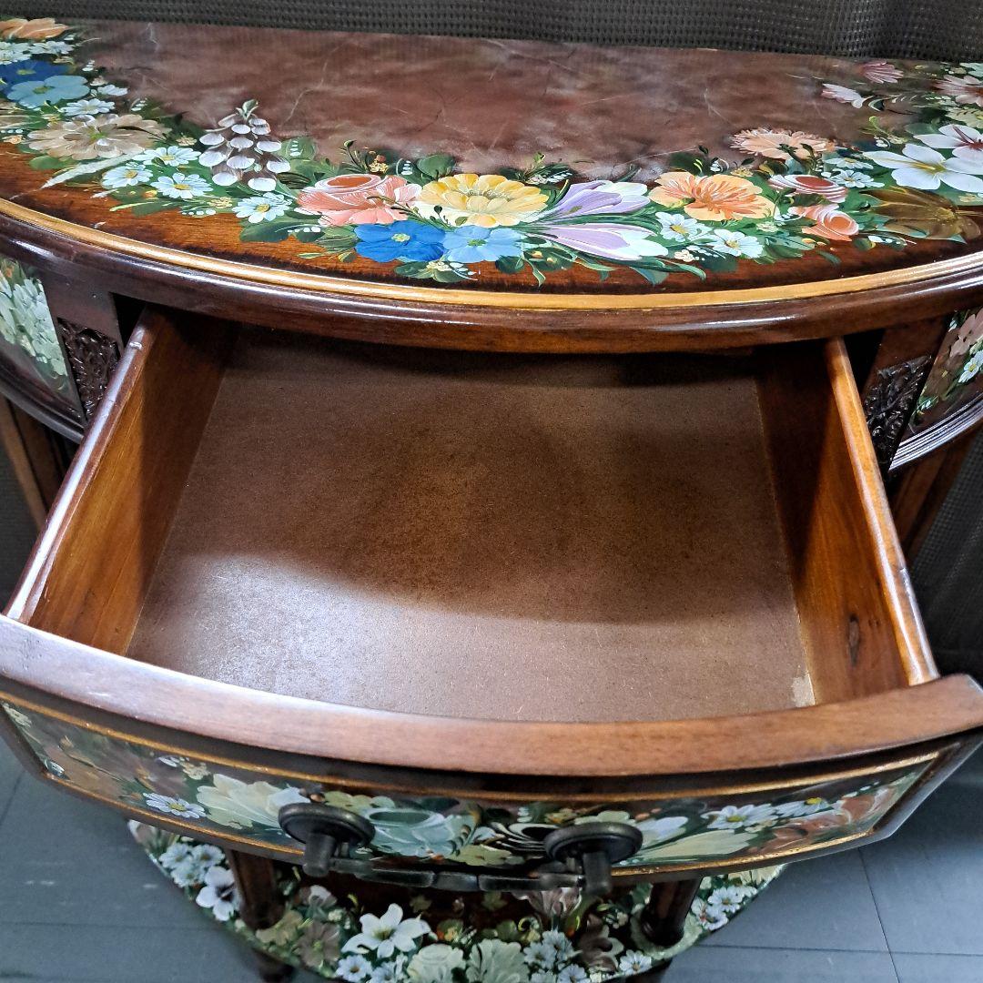 ♡欧米コンソール　テーブル　トールペイント花柄装飾　 半月型木製テーブル♡