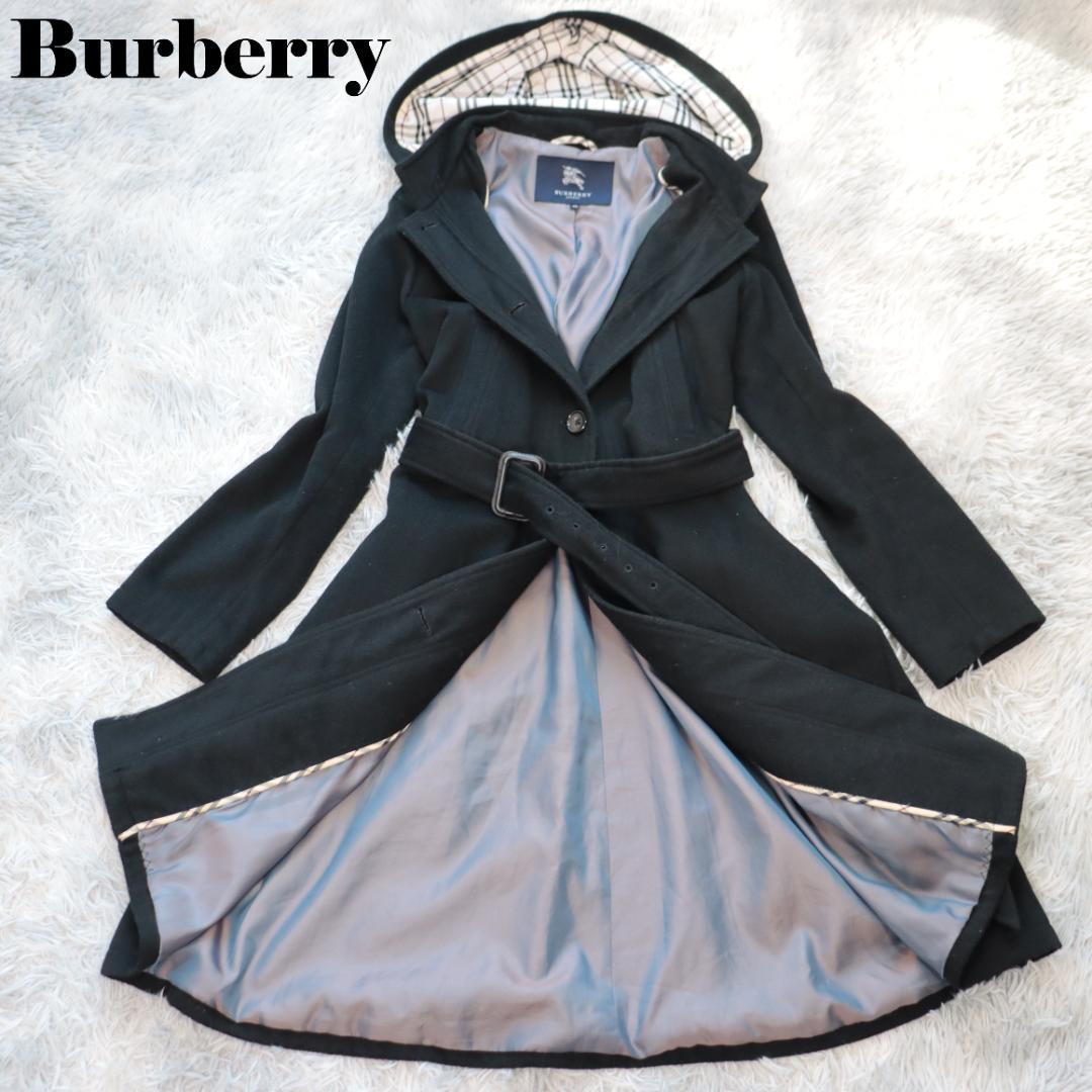 ✨BURBERRYバーバリー✨カシミヤ混　ベルト　ロングコート　黒　ノバチェック