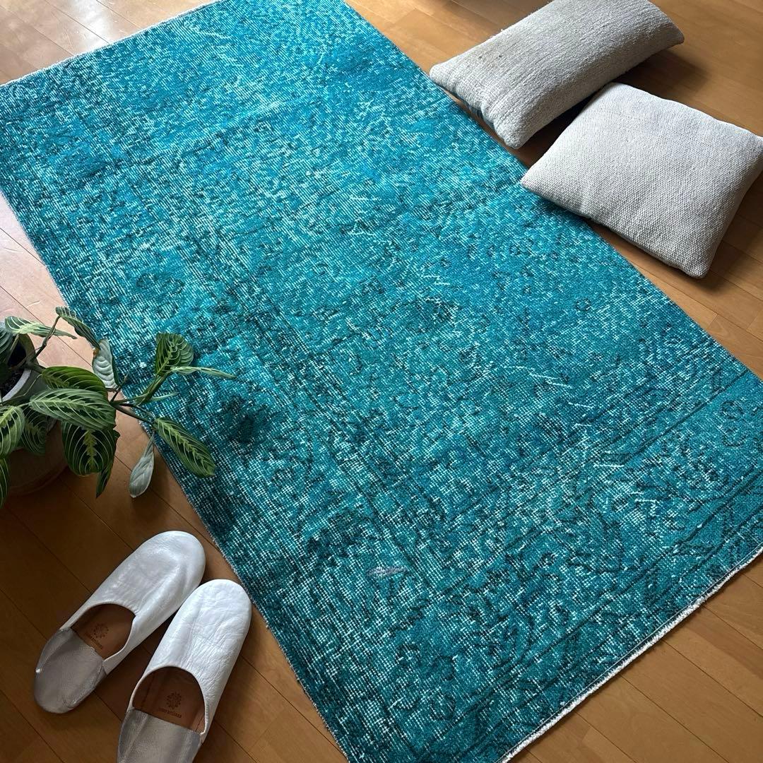 84×152ブルーグリーン　ボタニカルオーバーダイ　トルコヴィンテージラグ