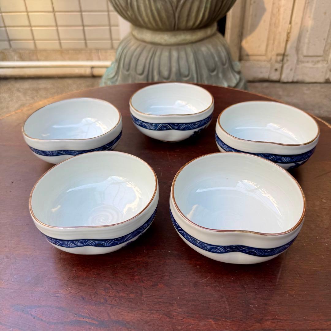 京焼【 五山窯 林淡幽 】造 青花染付向付鉢 五客揃 共箱・共布付属 状態極美品