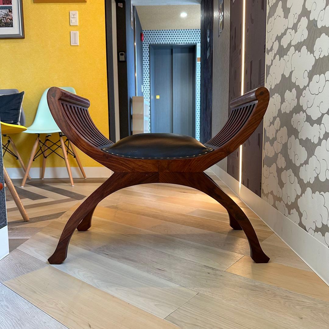 本革 チーク無垢材 カルティニ チェア 鋲打 木製スツール