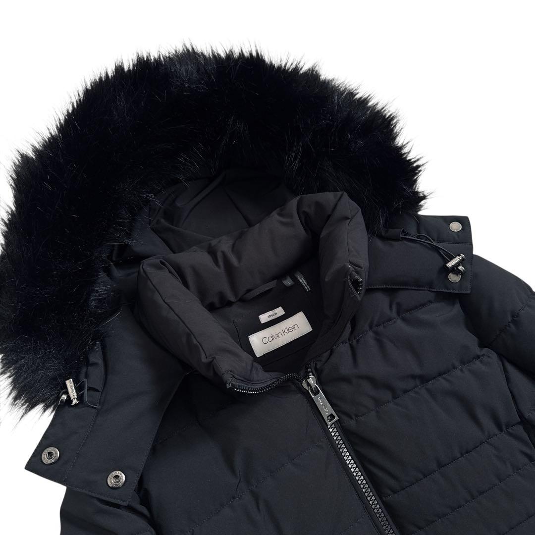 極美品 カルバンクライン 中綿 ロングコート 黒 L ファー付 ロゴプレート