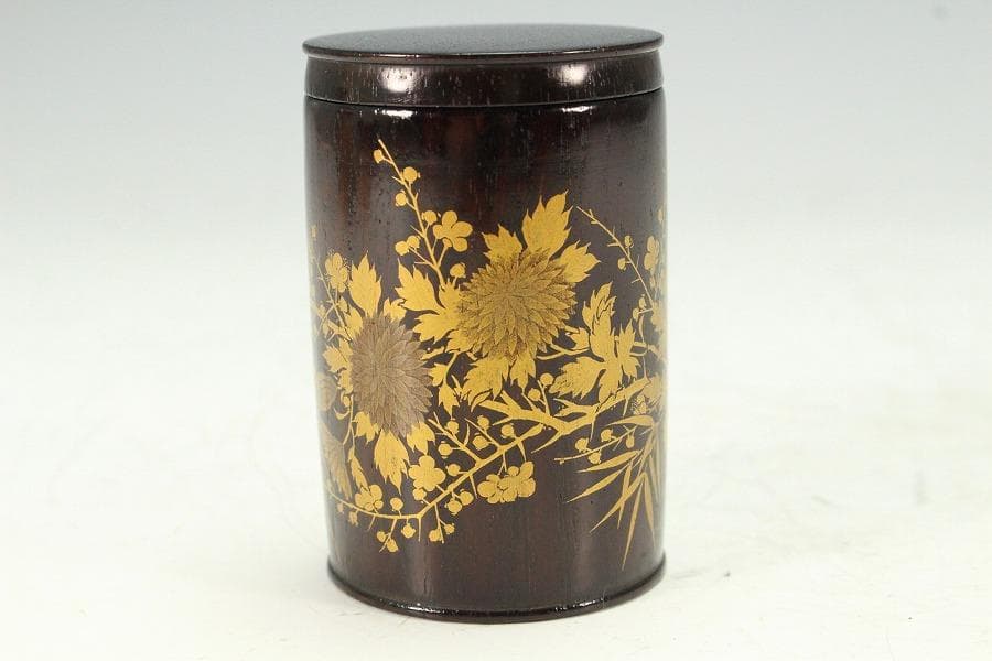 茶道具 紫檀 草花蒔絵 茶入 美品(K-BB517)