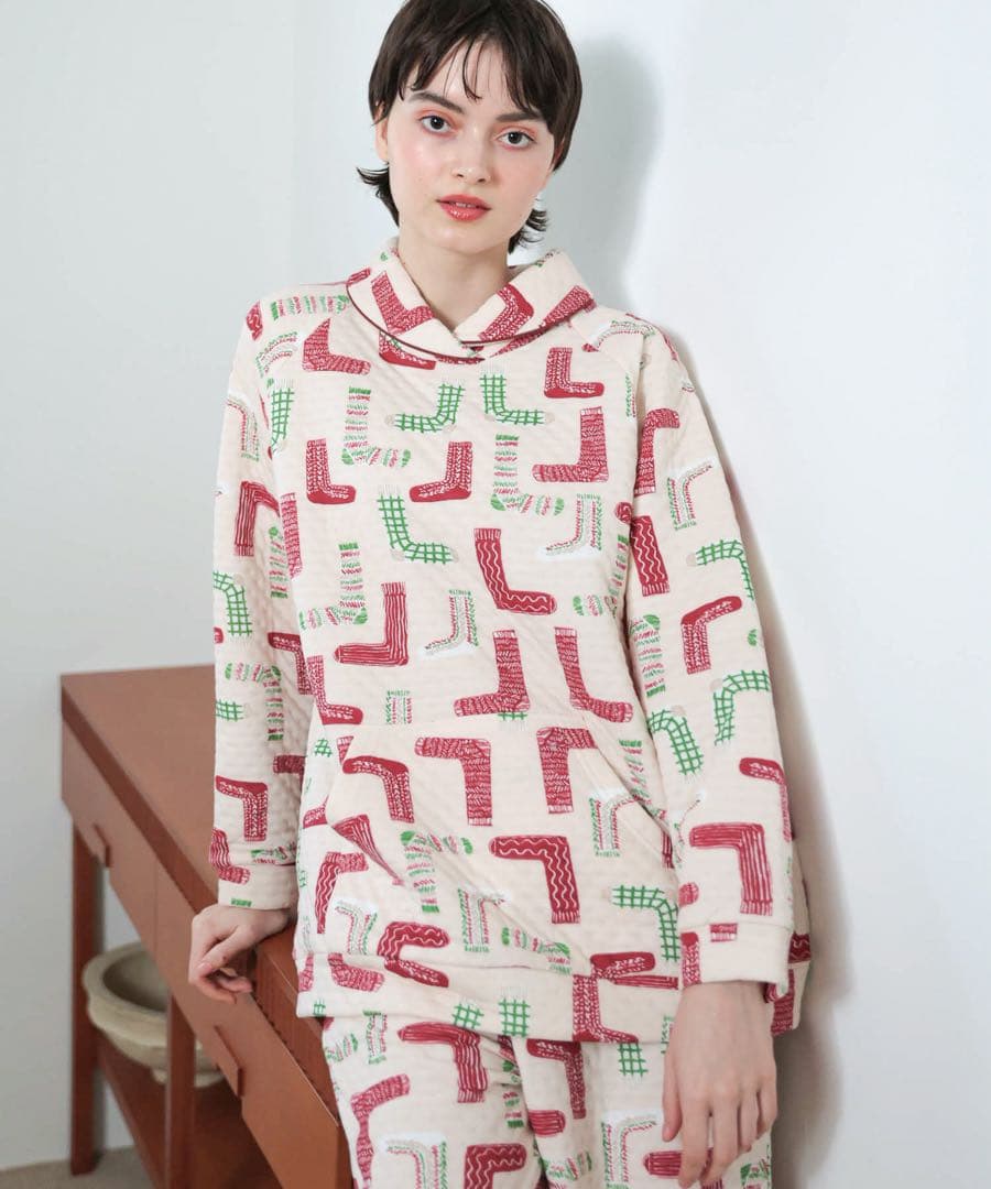 ちゃとらん ナルエー　裏綿接結(綿入り)厚手靴下ショールカラーパジャマ