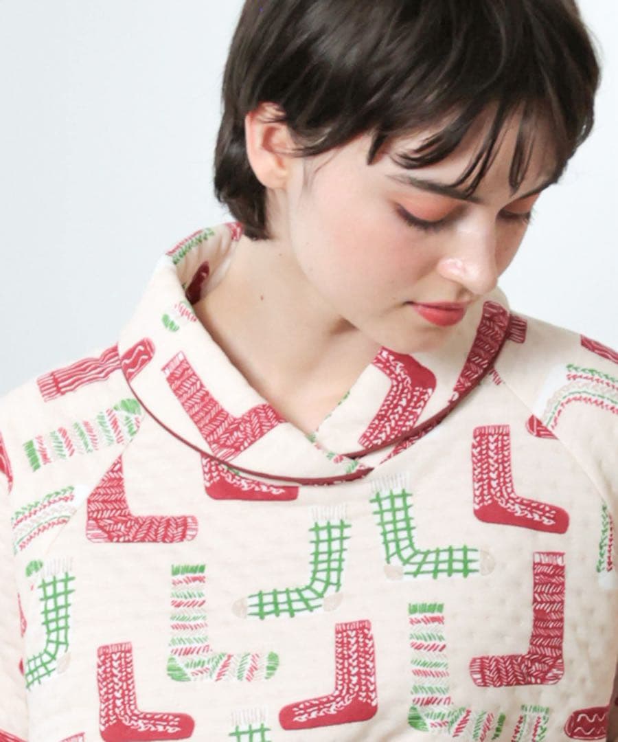 ちゃとらん ナルエー　裏綿接結(綿入り)厚手靴下ショールカラーパジャマ