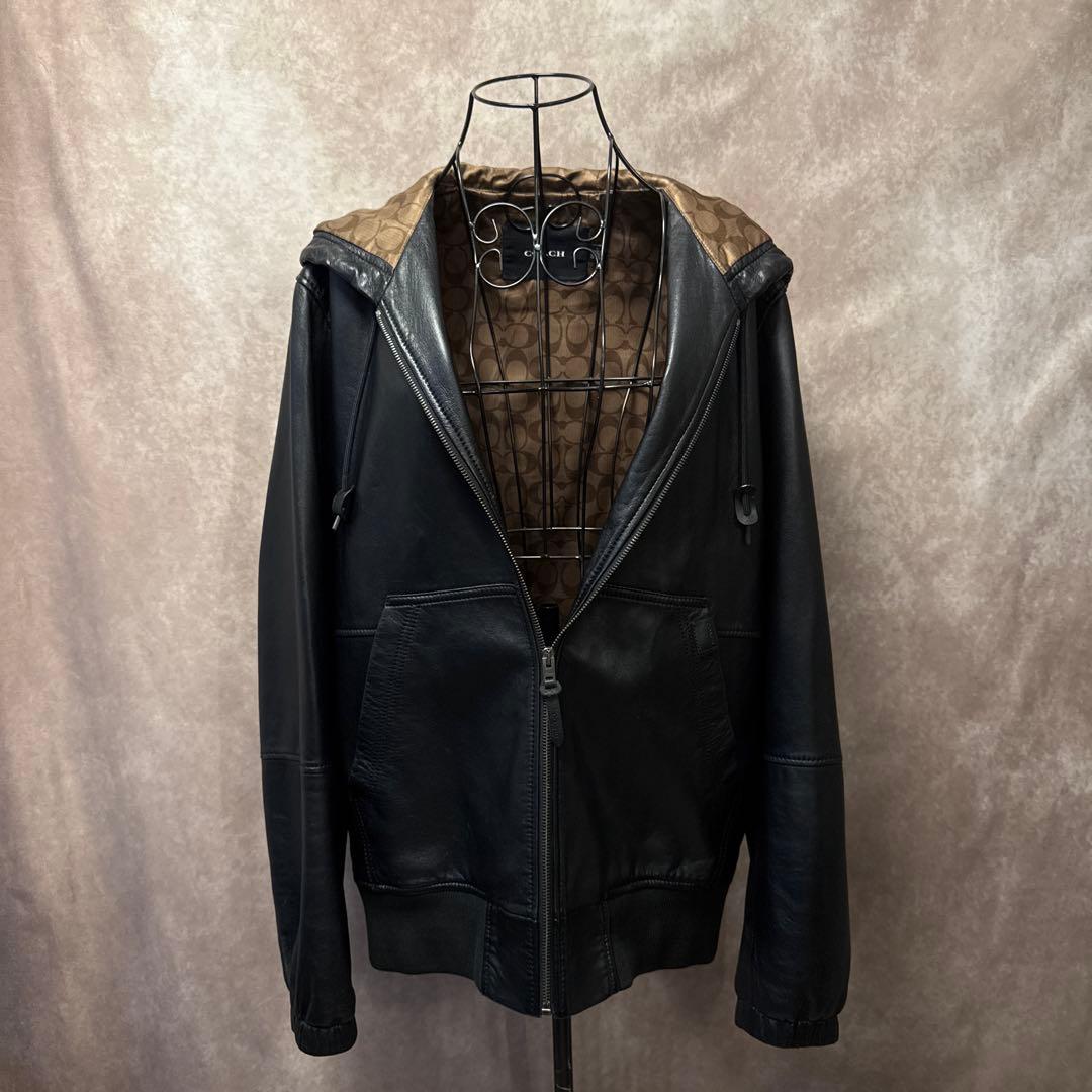 COACH レザーパーカー ラムレザー L フード付き ジップアップ ブラック