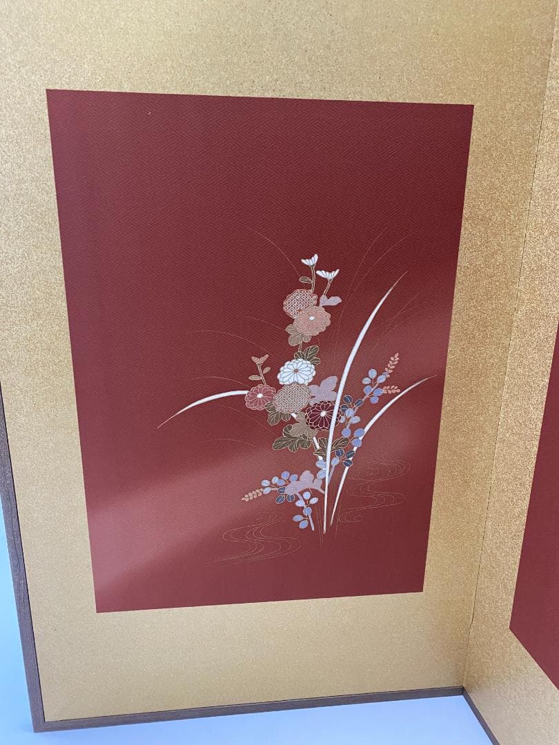 希少　京友禅 菊秋草柄 二曲屏風　京表具リメイク 　Kimono Byobu