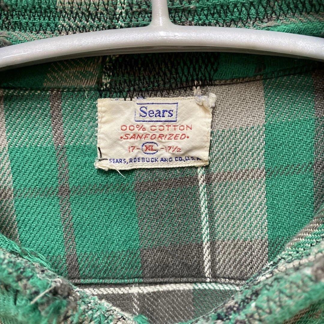Sears チェック柄ネルシャツ XL(緑✖️グレー) 60s