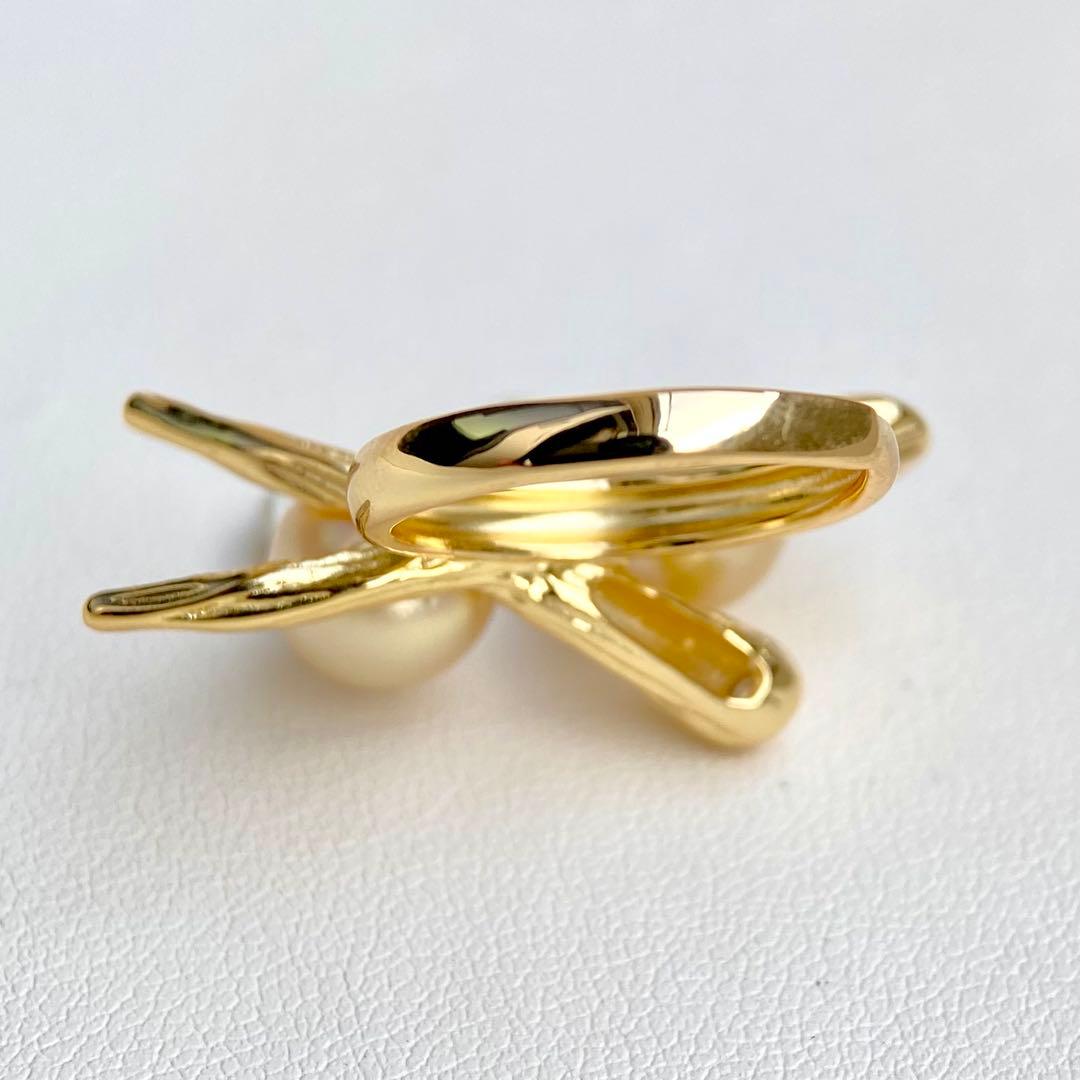 本真珠南洋白蝶真珠ゴールドと茶金「鳥と枝」s925リングY1055