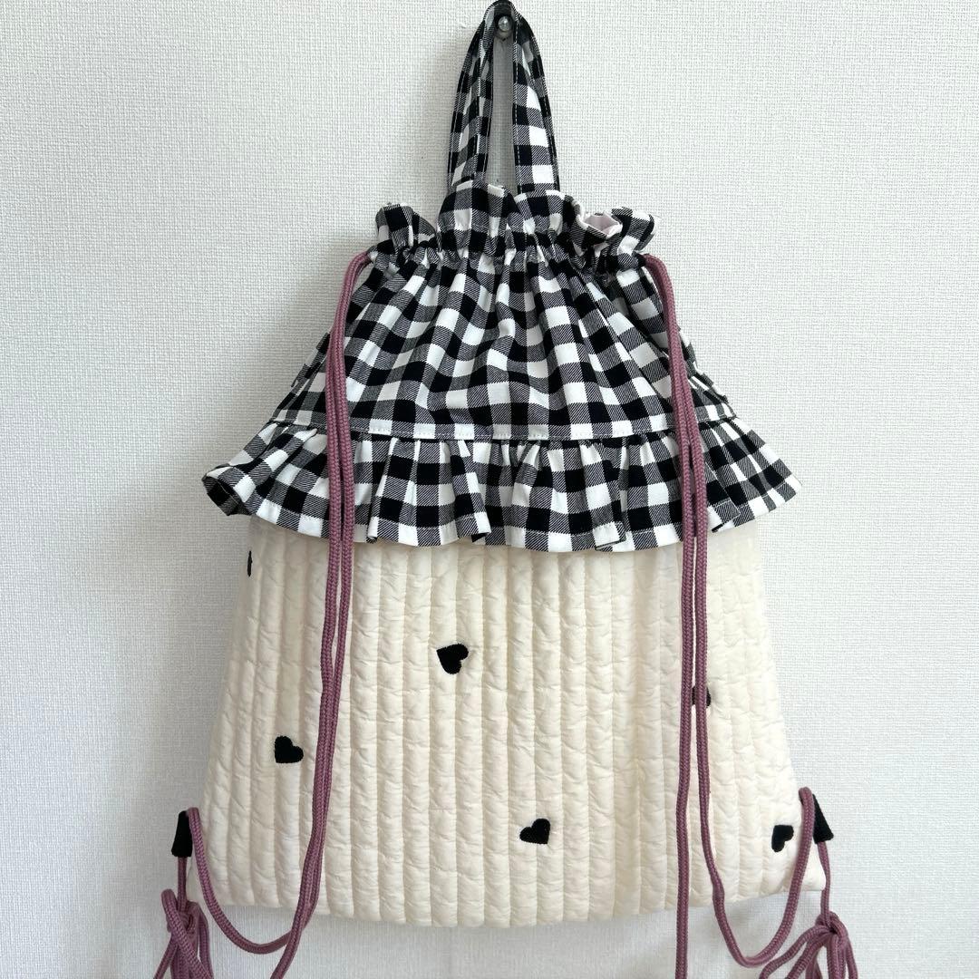 入園入学3点セット　【黒ハートヌビ×黒チェック】　女の子　レッスンバッグ　上靴袋