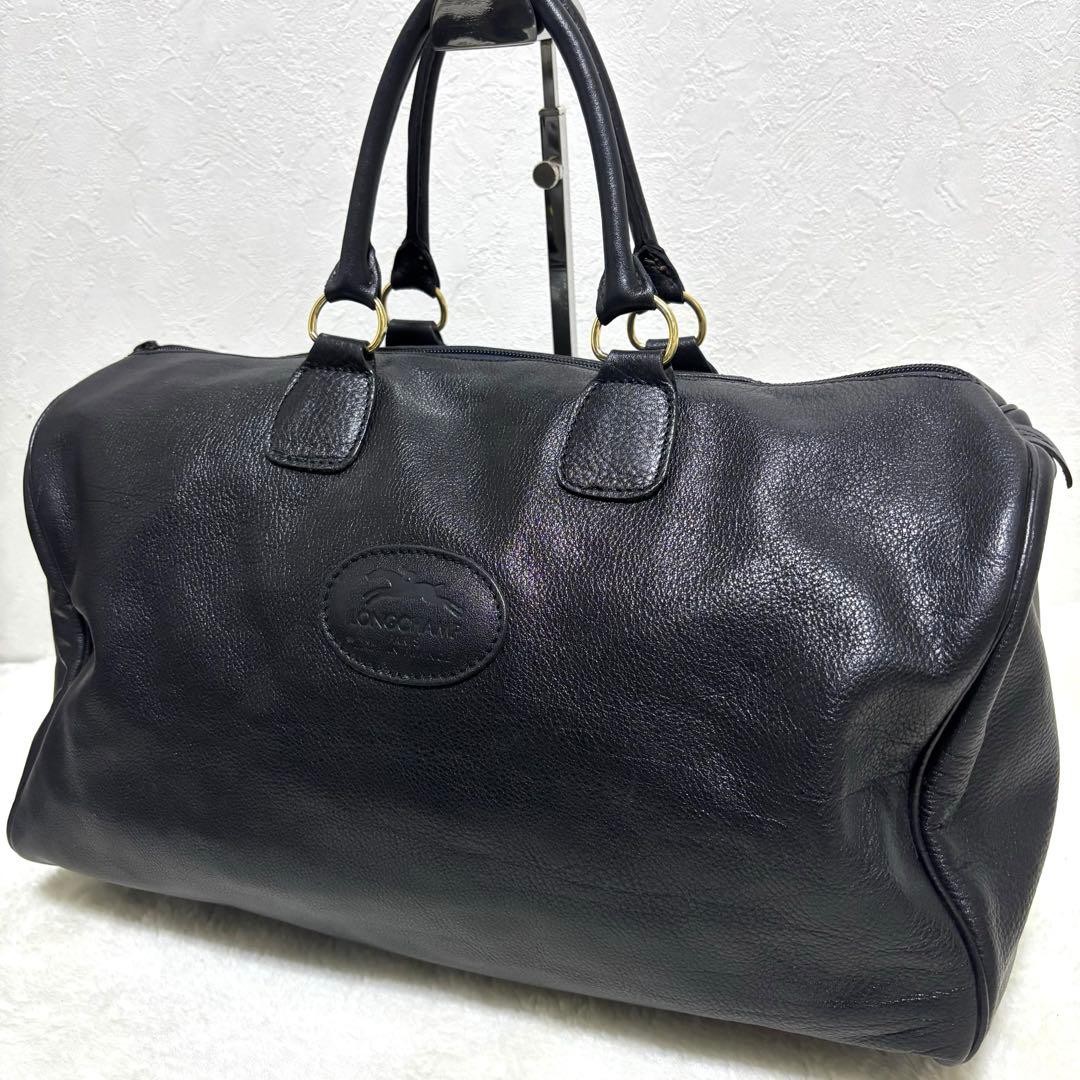 希少✨ロンシャン ミニボストンバッグ ロゴ 型押し オールレザー　ブラック
