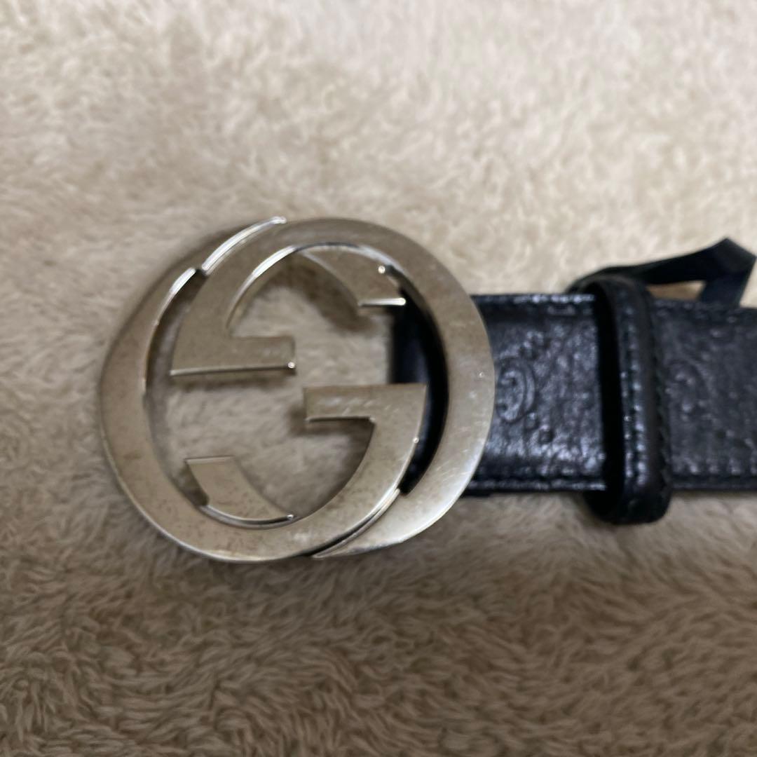 GUCCI インターロッキング シルバー バックル ベルト 黒 レザー