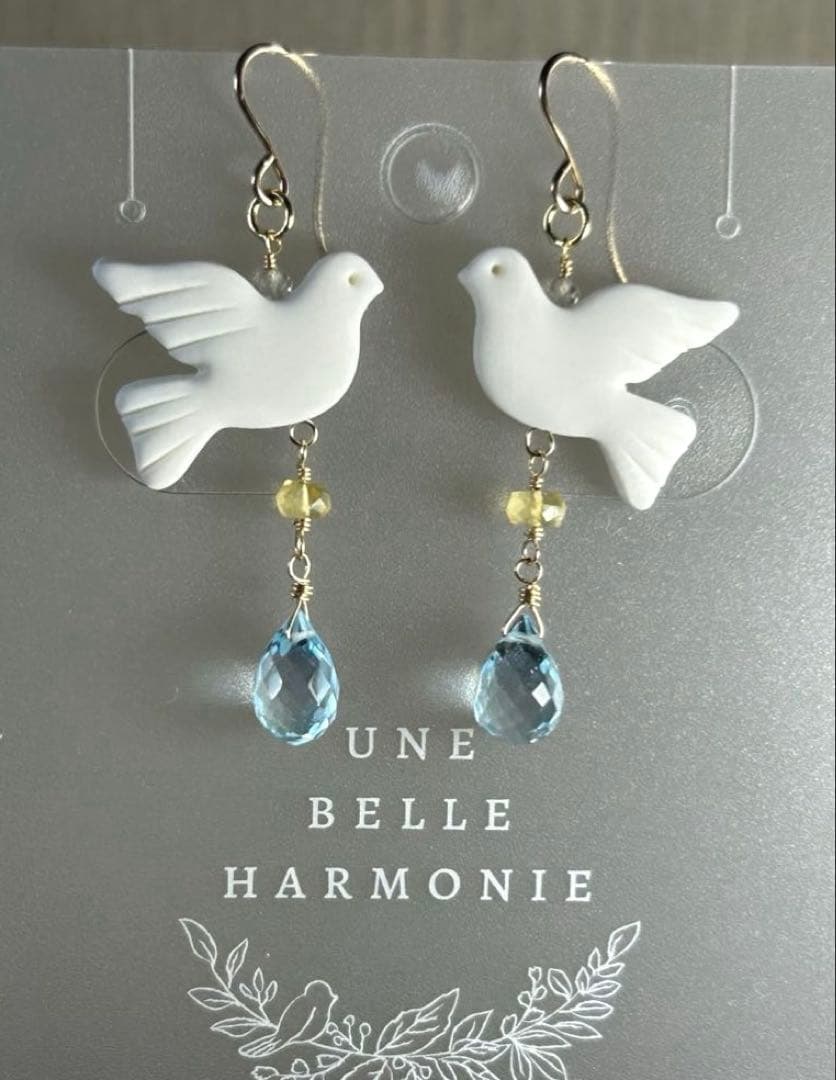 作家様の平和の鳩　ブルートパーズ＆ヘリオドールのピアス他　14kgf