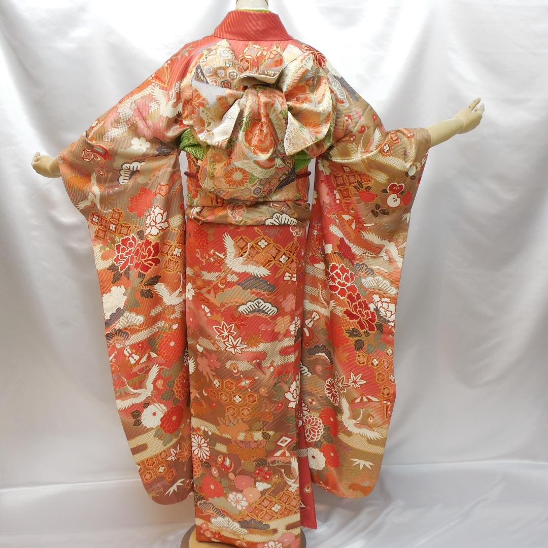 未使用品★振袖フルセット　正絹　成人式　振袖　7点セット　Lサイズ　赤系　古典柄