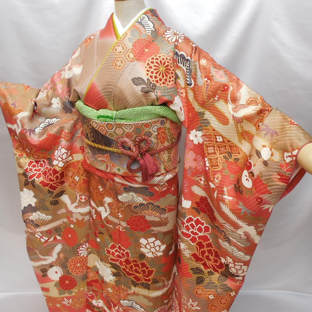 未使用品★振袖フルセット　正絹　成人式　振袖　7点セット　Lサイズ　赤系　古典柄
