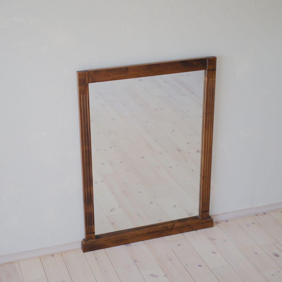 アンティーク調 木製壁掛け鏡 ダークブラウン（横74cm×縦96cm）