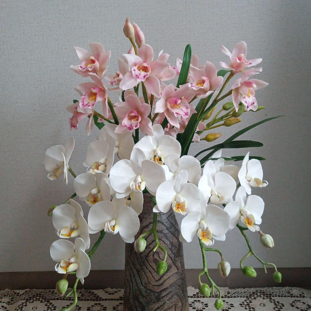 専用 ホワイトとピンクのオーキッドアレンジメント クレイフラワー
