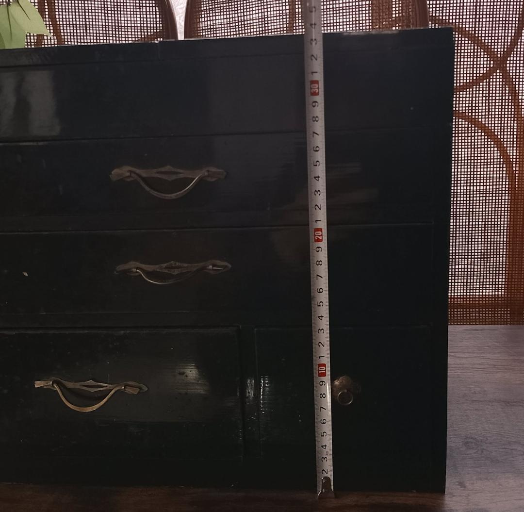 古道具 黒漆塗 鏡台 化粧箱 引き出し付き 真鍮金具 昭和レトロ 和家具