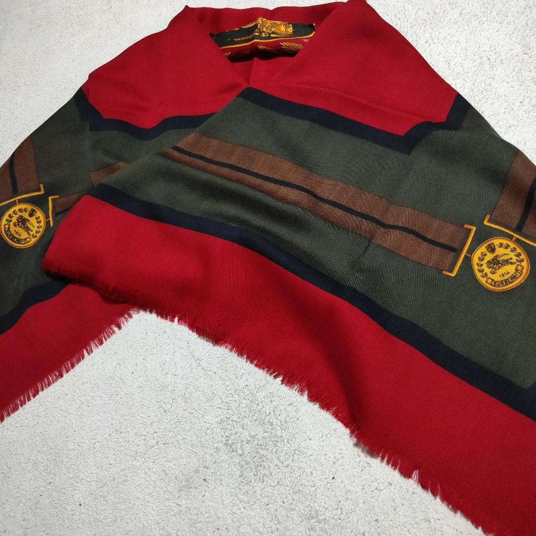 BURBERRYS 美品ウール大判ストール 赤色 ロゴ刺繍 フリンジ付き