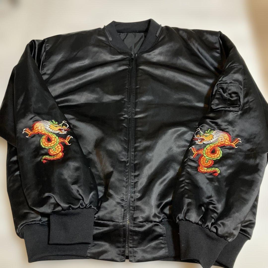 黒 サテン スカジャン ドラゴン刺繍