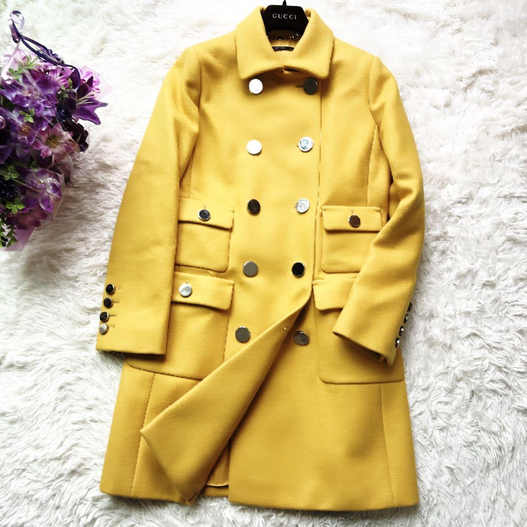 美品　GUCCIグッチ　ウール　ダブルブレスト　コート　イエロー　シルバー　ロゴ