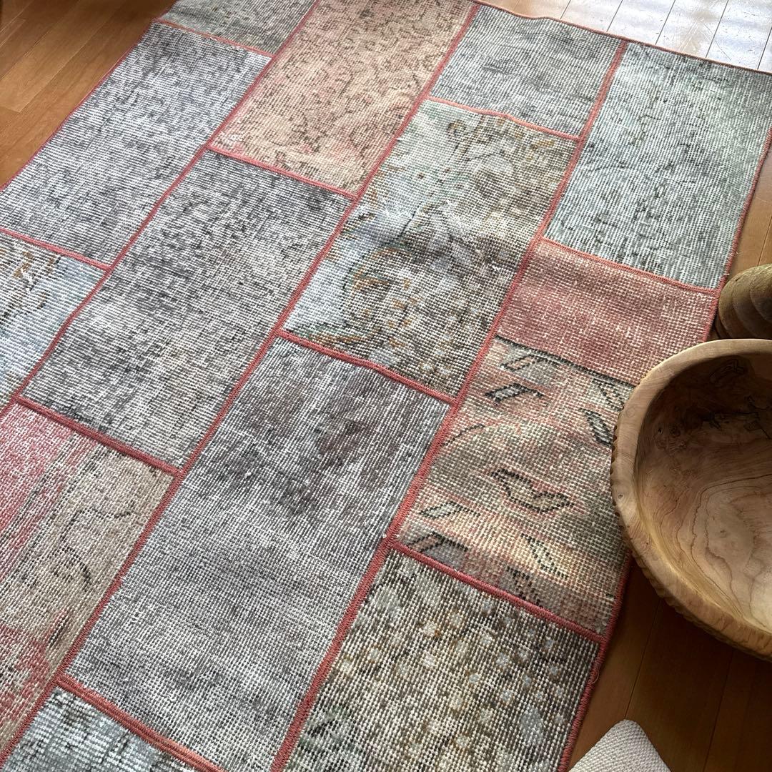 95×175 コーラルピンクパッチワークラグ　トルコヴィンテージラグ