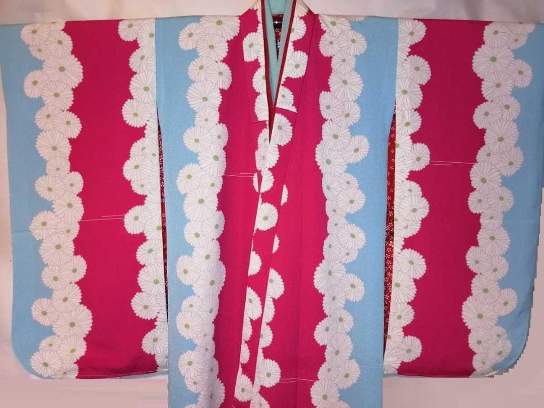 七五三7歳用.四つ身.着物ピンク水色地 古典菊柄 長襦袢付 女の子7-5