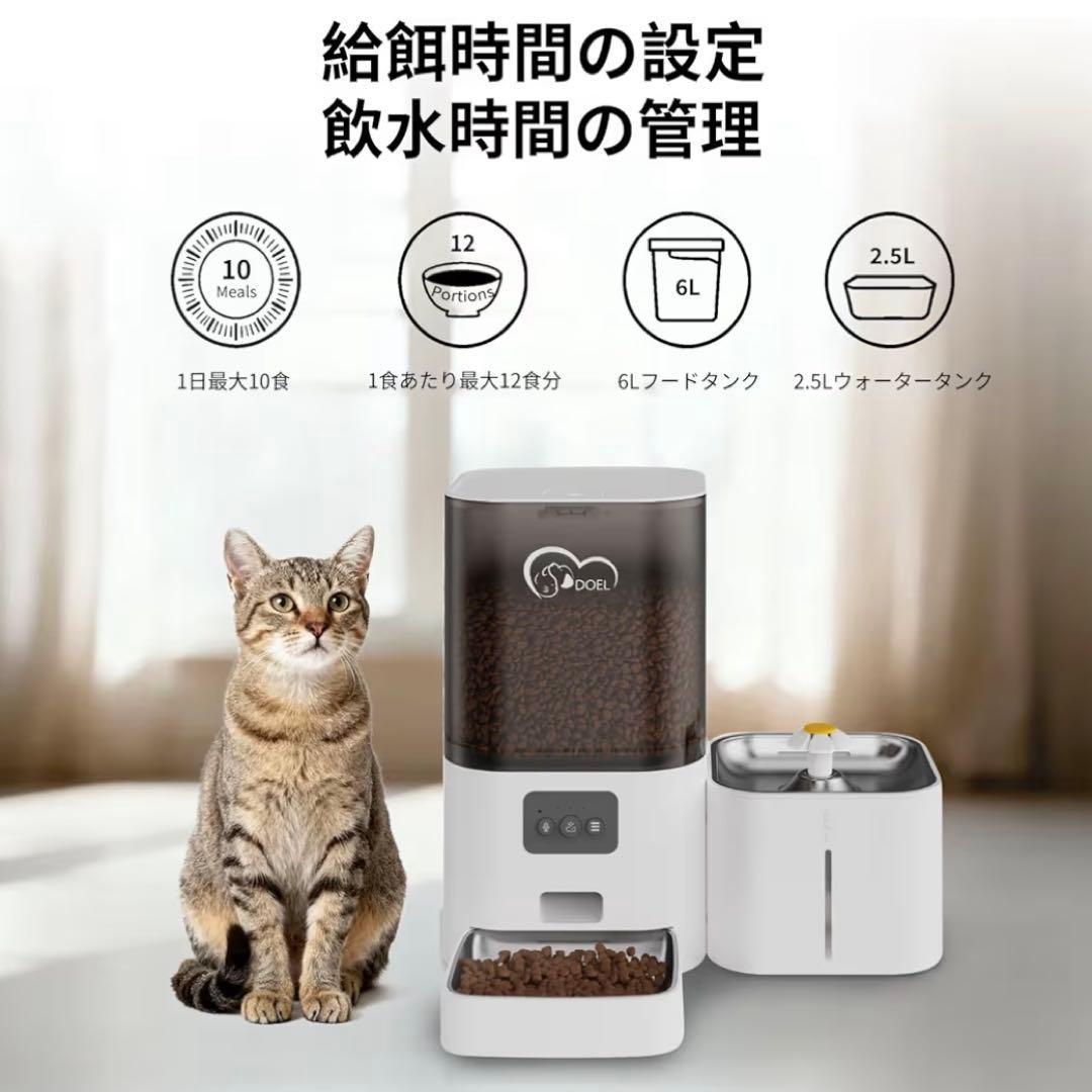 自動給餌器 給水器 大容量6Lドライフードディスペンサー 2.5L 音声録音機能