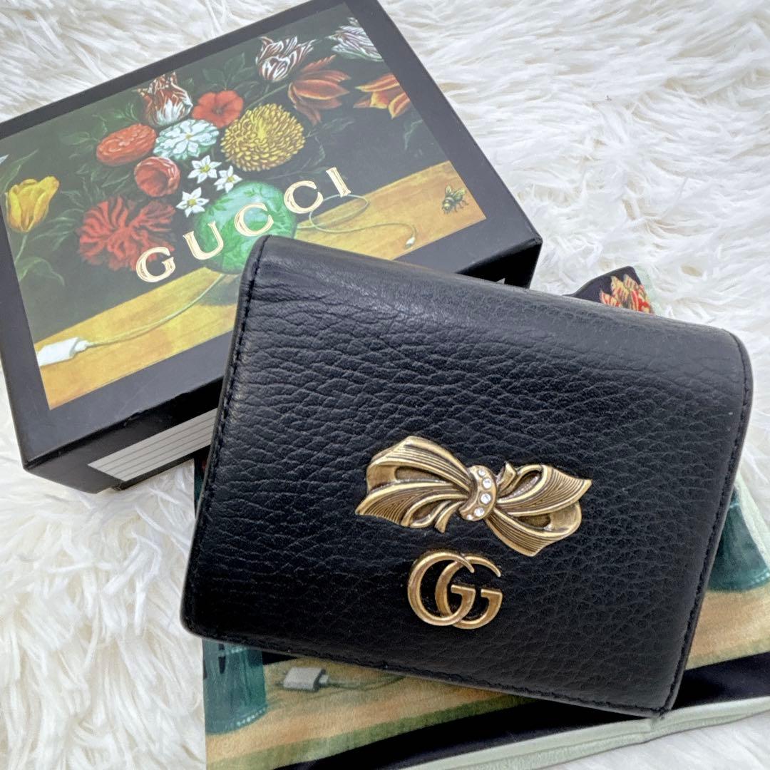 GUCCI♡折り財布 GGマーモント リボン ラインストーン バイカラー 花柄