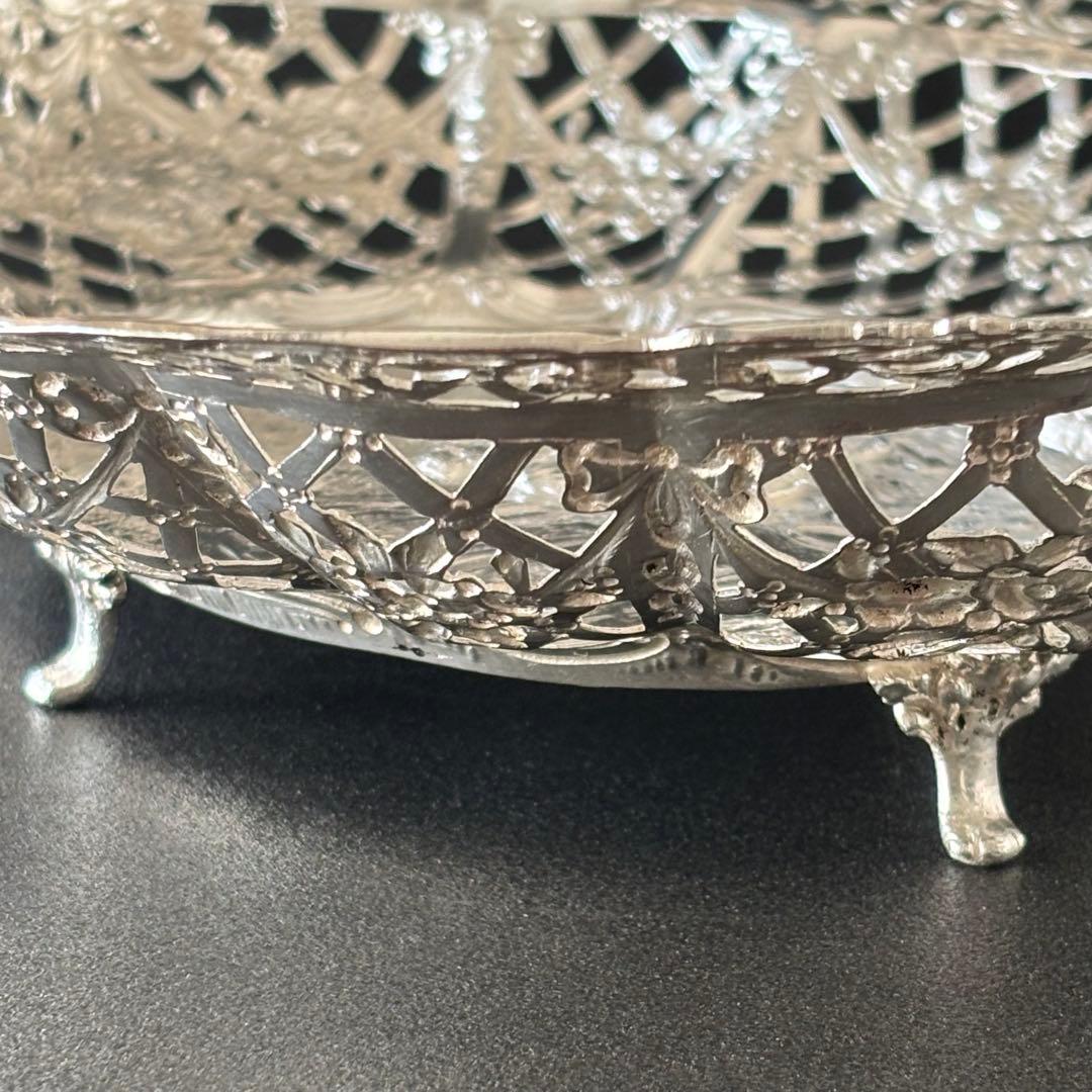 ドイツ製　アンティークシルバー　バスケット　ピアス細工　ロココ　リボン　天使