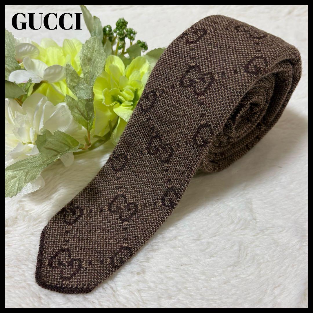 美品 ✨現行タグ✨GUCCI ネクタイ ナロータイ GG柄 ブラウン ウール 毛