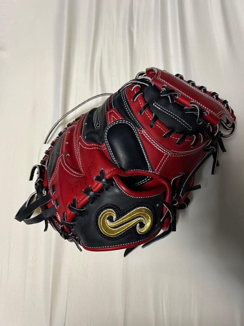 要ミット 美品 硬式用レザーグローブ 赤黒