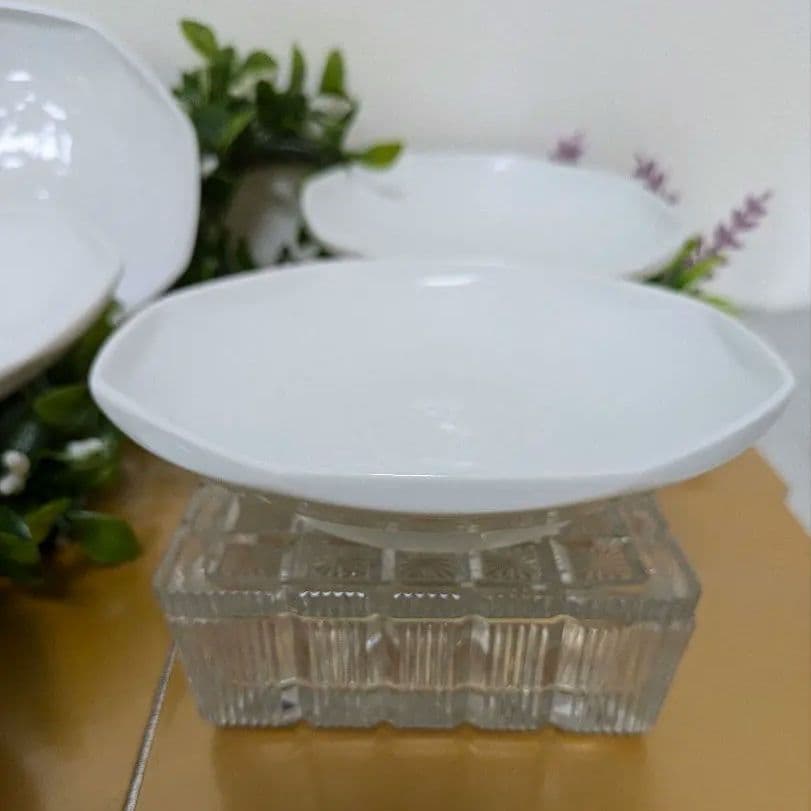 中村清六作　白磁手彫り牡丹絵六角皿佐賀県重要無形文化財](5客)　未使用