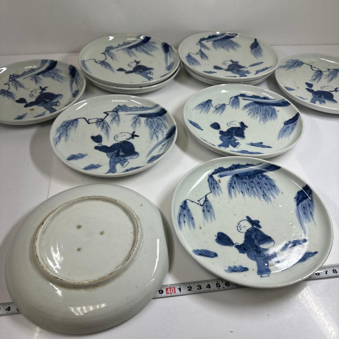 専用古伊万里　染付唐子中皿10枚　直径18.5㎝　タカチ　東な7-0422☆2F