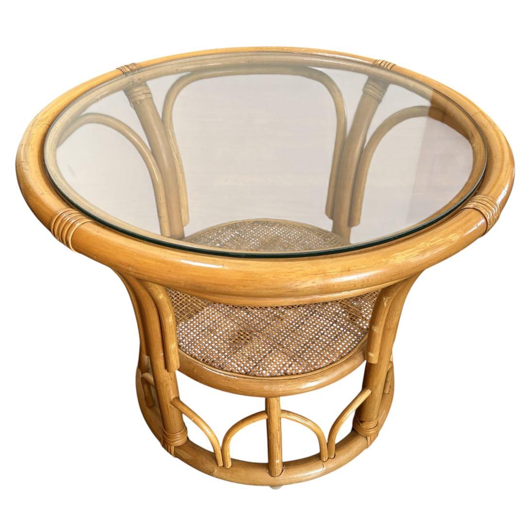 ヴィンテージ ラタン サイドテーブル 天然素材 ガラス天板×籐ラタンフレーム