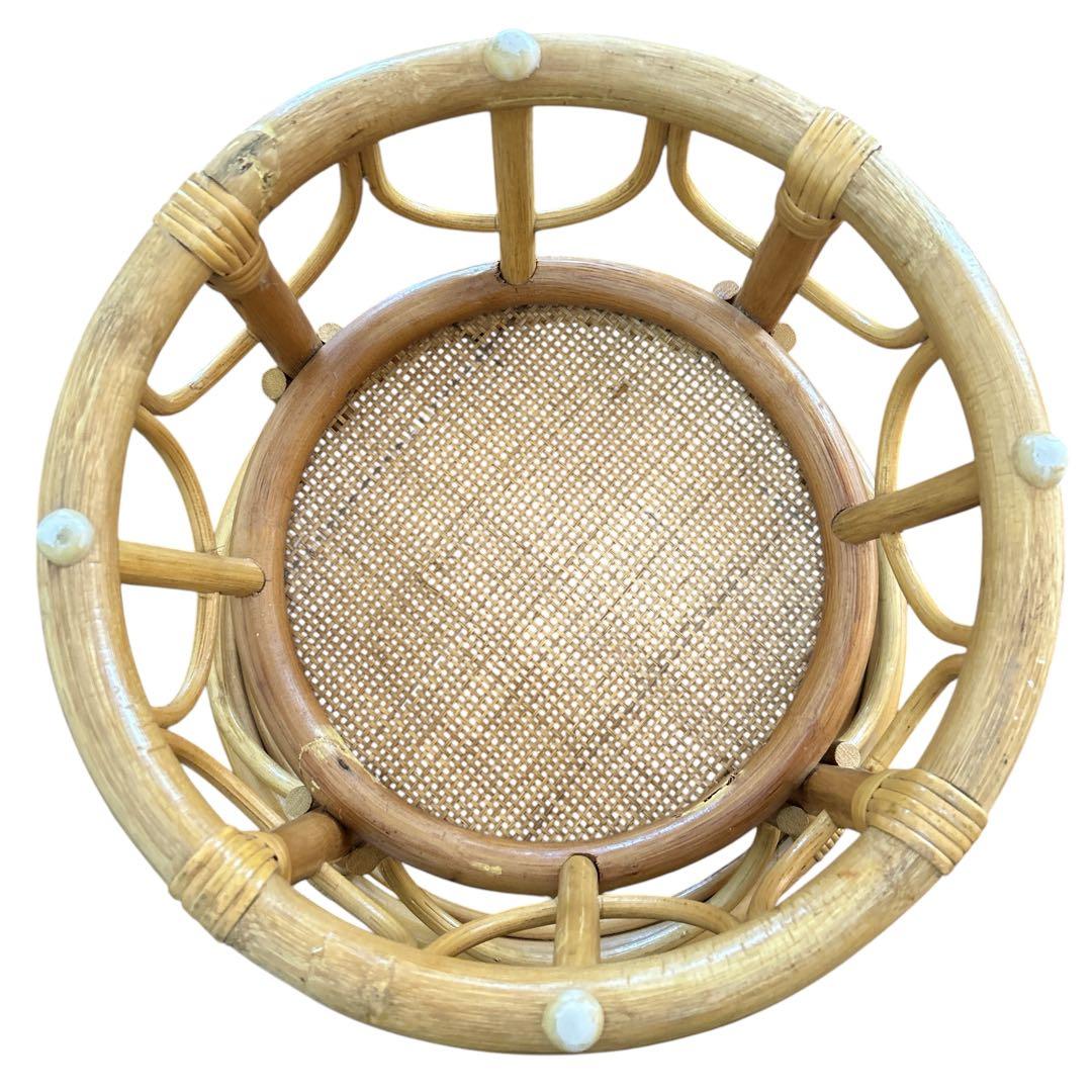 ヴィンテージ ラタン サイドテーブル 天然素材 ガラス天板×籐ラタンフレーム