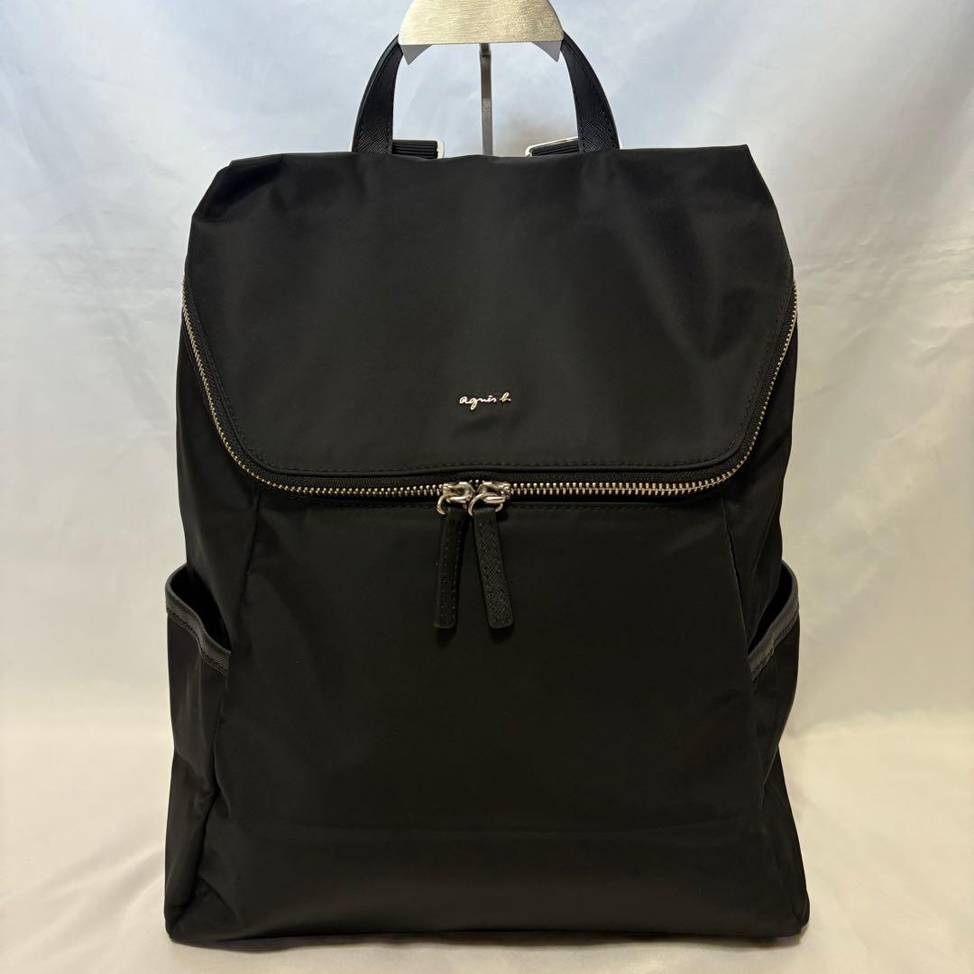 【美品】アニエスベー ブラック ナイロン リュック パスケース付き バックパック